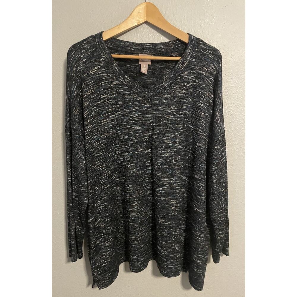 Chicos Womens Top Size 3 US XL Black Heathered Knit Long Sleeve Neutral Modern